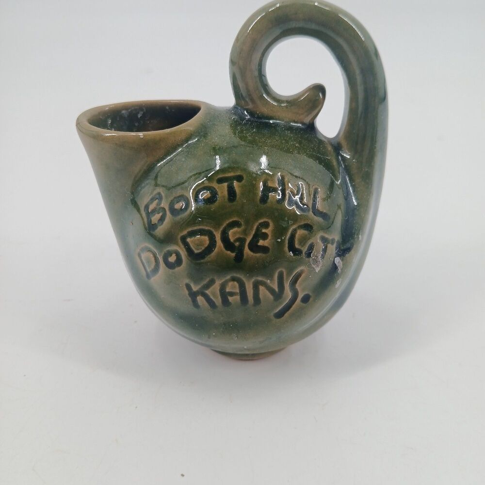 Vintage Studio Pottery Green Pitcher Jug Souvenir Boot Hill Dodge City Kansas